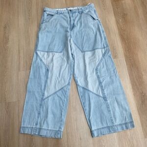 A-Lab Mega Wide Leg Skate Jeans Light Wash Blue Star Paneled Baggy Denim 38